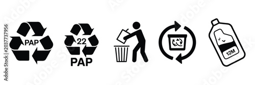 Fotografi Recycling symbol set for packaging, green dot recycling sign, PAO period after opening label, waste sorting codes and eco packaging icons, vector illustration