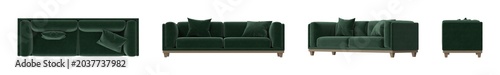 Luxurious deep green velvet sofa with plush cushions and modern wooden legs