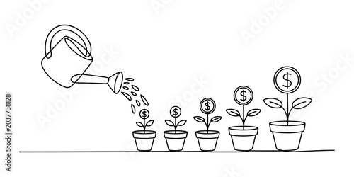 Watering can pouring water on small plants with dollar sign coins growing in pots representing financial investment growth and success for business concept Vector, illustration
