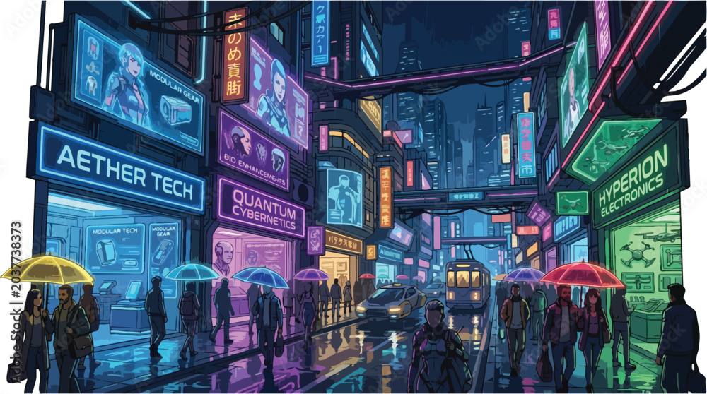 Obraz premium Futuristic City Street Scene with Neon Lights and People.