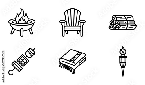 Tableau sur toile Outdoor Living Icons: Fire Pit, Adirondack Chair, Woodpile, Skewer, Blanket, Tor