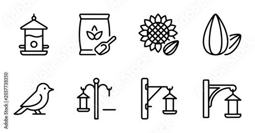 Cuadro en lienzo Bird Feeder Icons Set, Sunflower Seeds, and Garden Accessories, Vector Graphics