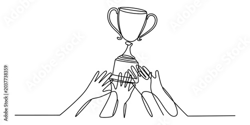 Obraz na plátně Continuous line drawing of many hands holding up a trophy cup to celebrate winni
