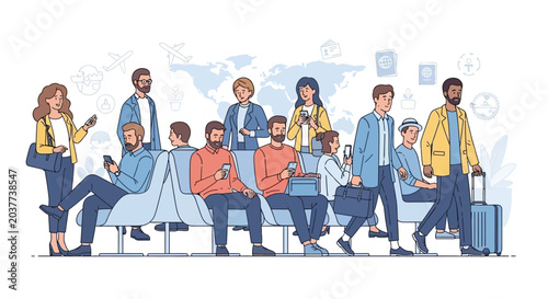 Diverse group of people waiting at airport lounge with luggage and mobile devices