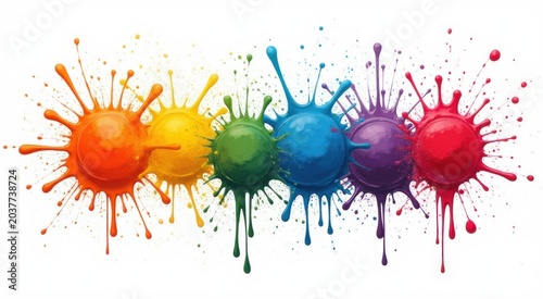 Rainbow of paint splatters on a white background