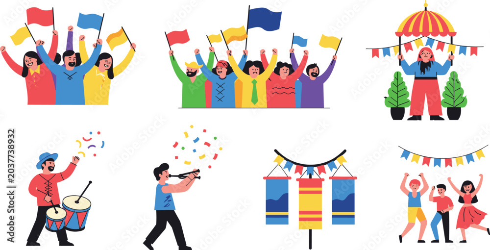 Fototapeta premium Colorful Festival and Carnival Celebration Scene Icon Set with Crowd, Clown, Drummer, Confetti, and Flags for Party and Event Designs