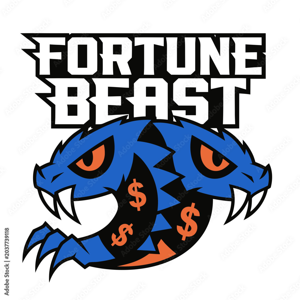 Fototapeta premium Fortune beast logo design featuring dual headed snake with dollar signs for financial growth and success in modern business branding.