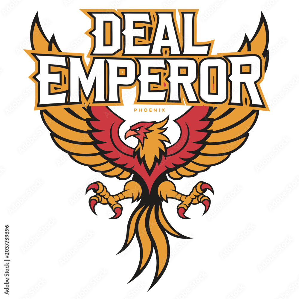Fototapeta premium Deal emperor phoenix logo design featuring powerful bird with spread wings in gold and red colors for business branding.
