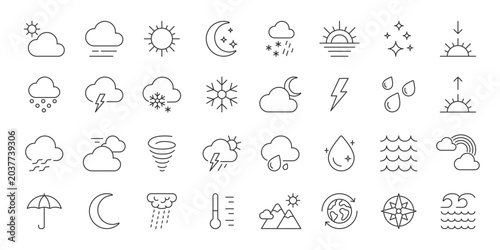 Weather icons in line design. weather, forecast, sun, cloud, rain, wind, temperature on white background vector. Weather editable stroke icon