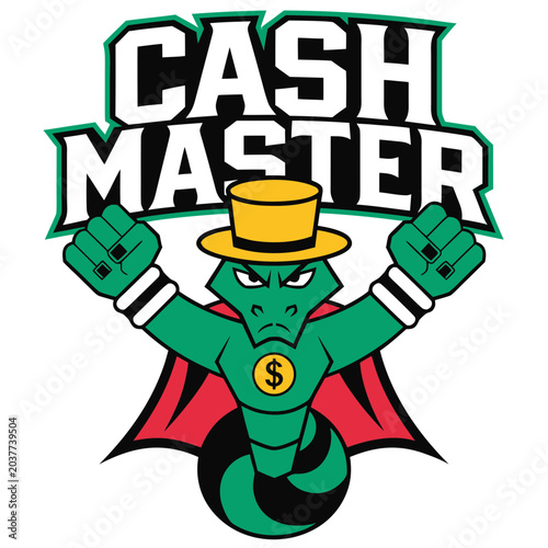 A green snake with a gold top hat and dollar sign, a cash master, a cartoon mascot, a fun and wealthy character.