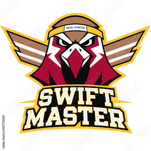Swift master deal hunter bird mascot logo with winged hawk wearing headband designed for competitive esports teams and gaming streamers.