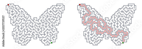 Butterfly maze design with path traced in red and green start point  