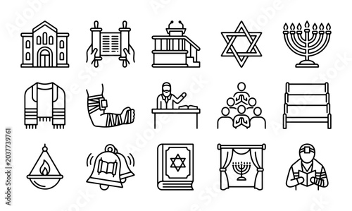 Bild auf Leinwand Jewish Religious Symbols and Objects Vector Icons Set: Synagogue, Torah, Menorah