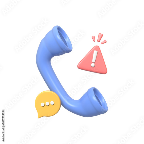 Stylized three-dimensional illustration of a blue phone handset with a red warning triangle and a yellow message bubble isolated on.3d render