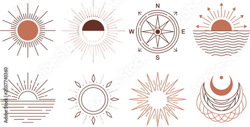 Foto Boho celestial sunburst and mystical moon compass line icons vector set for esot
