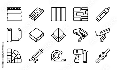 Construction and Renovation Icons Set: Building Materials, Tools, and Fixtures for Home Improvement Projects, 15 Vector Elements