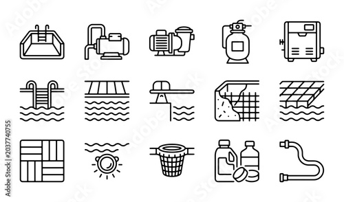 Swimming Pool Equipment Icons Set, Water Maintenance Vector Graphics, Pool Cleaning Supplies, Spa Accessories, Aquatic Facility Maintenance