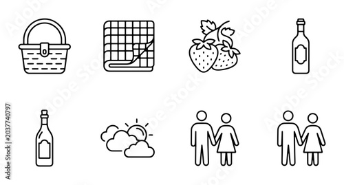 Picnic Icons Set: Basket, Blanket, Strawberries, Wine Bottles, Couple, Sunny Clouds, Vector Graphics for Outdoor Leisure and Food