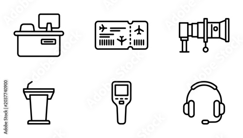 Airport Security and Travel Icons: Check-in Desk, Boarding Pass, Telescope, Podium, Scanner, Headphones. Vector Graphics for Aviation and Travel Concepts.