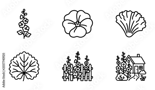 Simple Line Art Botanical Icons: Hollyhocks, Flowers, Leaves, and Garden Scene Vector Set for Nature and Floral Designs