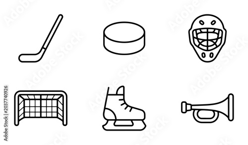 Hockey Equipment Icons Set, Ice Sport Vector Graphics, Goalie Mask, Net, Puck, Stick, Skate, Horn, Clean Line Art Collection for Sports Design