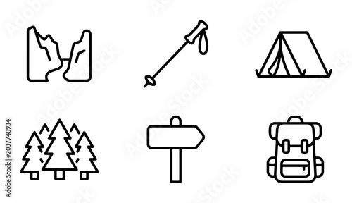 Outdoor Adventure Icons Set: Mountains, Trekking Pole, Tent, Forest, Signpost, Backpack, Vector Graphics for Camping and Hiking