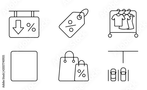 Set of 6 Shopping Icons: Sale Tag, Clothing Rack, Shopping Bags, Price Drop Sign, Blank Space, Parking Lot - Vector Graphics for Retail and E-commerce