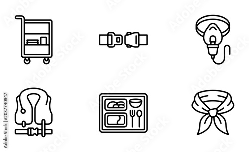Airplane Safety Equipment Icons, Airline Service Icons, Travel Essentials Vector Set: Oxygen Mask, Life Vest, Meal Tray, Seatbelt, Trolley, Scarf