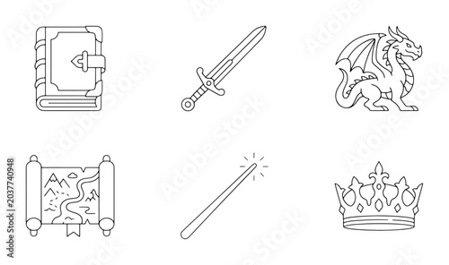 Fantasy Icons Set: Dragon, Sword, Spellbook, Map, Wand, Crown, Vector Graphics for Magical Adventures and Medieval Quests