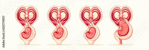 This illustration presents a uterus cross-section depicting the early, mid, late, and full-term stages of pregnancy with clear fetal placements.