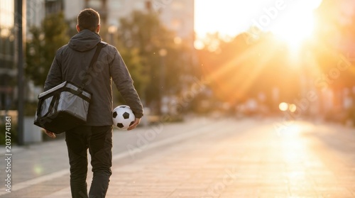 Man in casual jacket carries insulated bag and soccer ball while walking outdoors at sunset