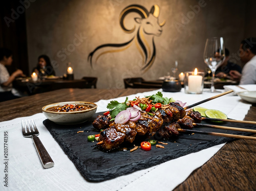 Gourmet Grilled Meat Skewers with Peanut Sauce in Restaurant Setting