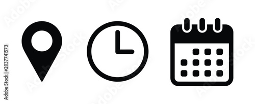Date time location notification icon set with address, calendar bell, and clock symbols for interface design.