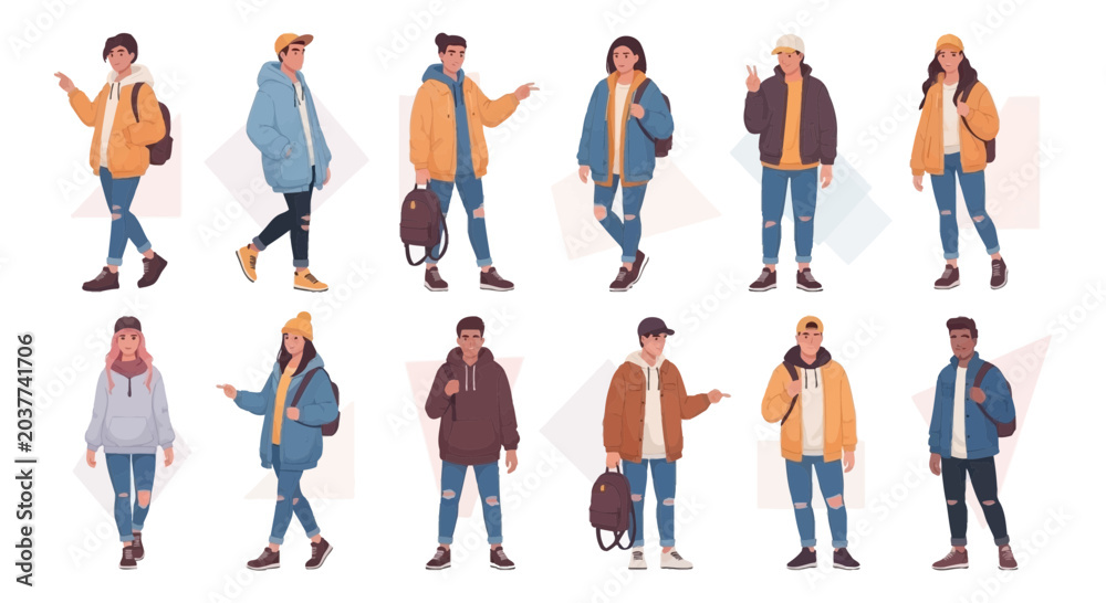 Fototapeta premium Diverse young adults in casual fashion, vector illustration set.