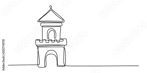 Fotografija Continuous single line drawing of a medieval castle tower with stone walls and a