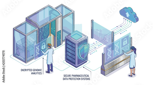 Isometric illustration of secure pharmaceutical data protection and genomic analytics systems.