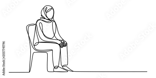 Photos Continuous single line drawing of a woman wearing a hijab sitting on a chair in