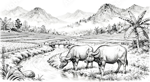 Two buffalos in the rice field