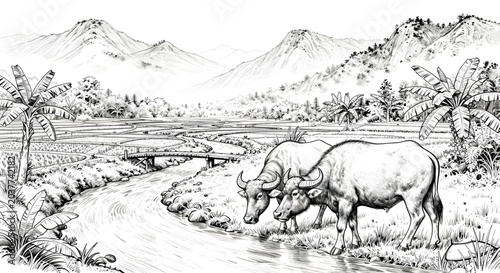 A black and white drawing of a buffalo in the jungle