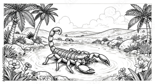 A scorpion in the water with palm trees and mountains in the background