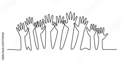 Photos Many human hands raised up together as a team in a continuous line art drawing s
