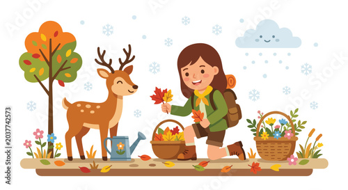 A young girl scout collects vibrant autumn leaves into a basket while a friendly deer watches amidst a whimsical snowy and flowery landscape.