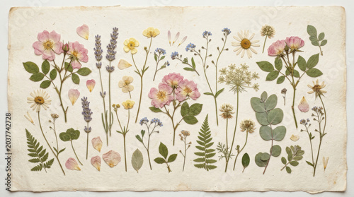 Collection of pressed dried wild flowers and herbs on vintage paper. Botanical herbarium illustration for traditional medicine and natural cosmetics design.