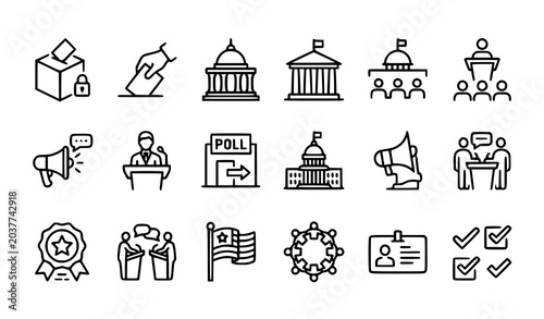 Democracy thin line icon collection with editable stroke election campaign and polling symbols vector set