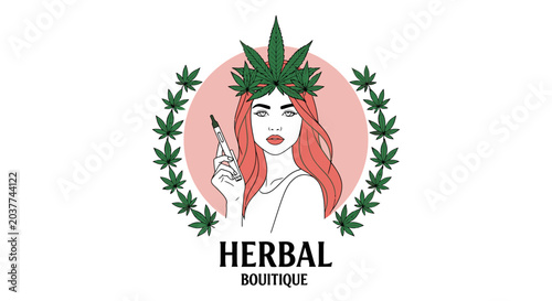 Woman with cannabis crown and vape pen herbal boutique logo.