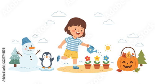 A cute girl waters plants in a charming illustration that blends elements of winter, spring, summer, and autumn into one vibrant scene.