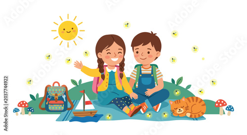 A happy girl and boy sit on a picnic blanket in a sun-drenched field with a cat, a toy boat, and glowing fireflies around them.