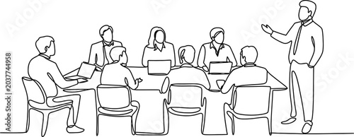 Continuous single line drawing of a business meeting with a group of professional people sitting around a table listening to a speaker presenting ideas Vector, illustration