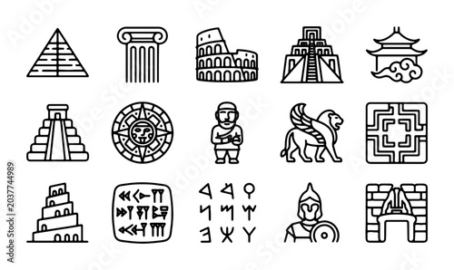 Foto Ancient Civilizations Icon Set: Pyramids, Colosseum, Ziggurat, Sphinx, Hieroglyp