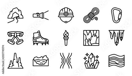 Fotografia Cave Exploration Icons Set, Speleology Equipment Vector Graphics, Adventure Gear